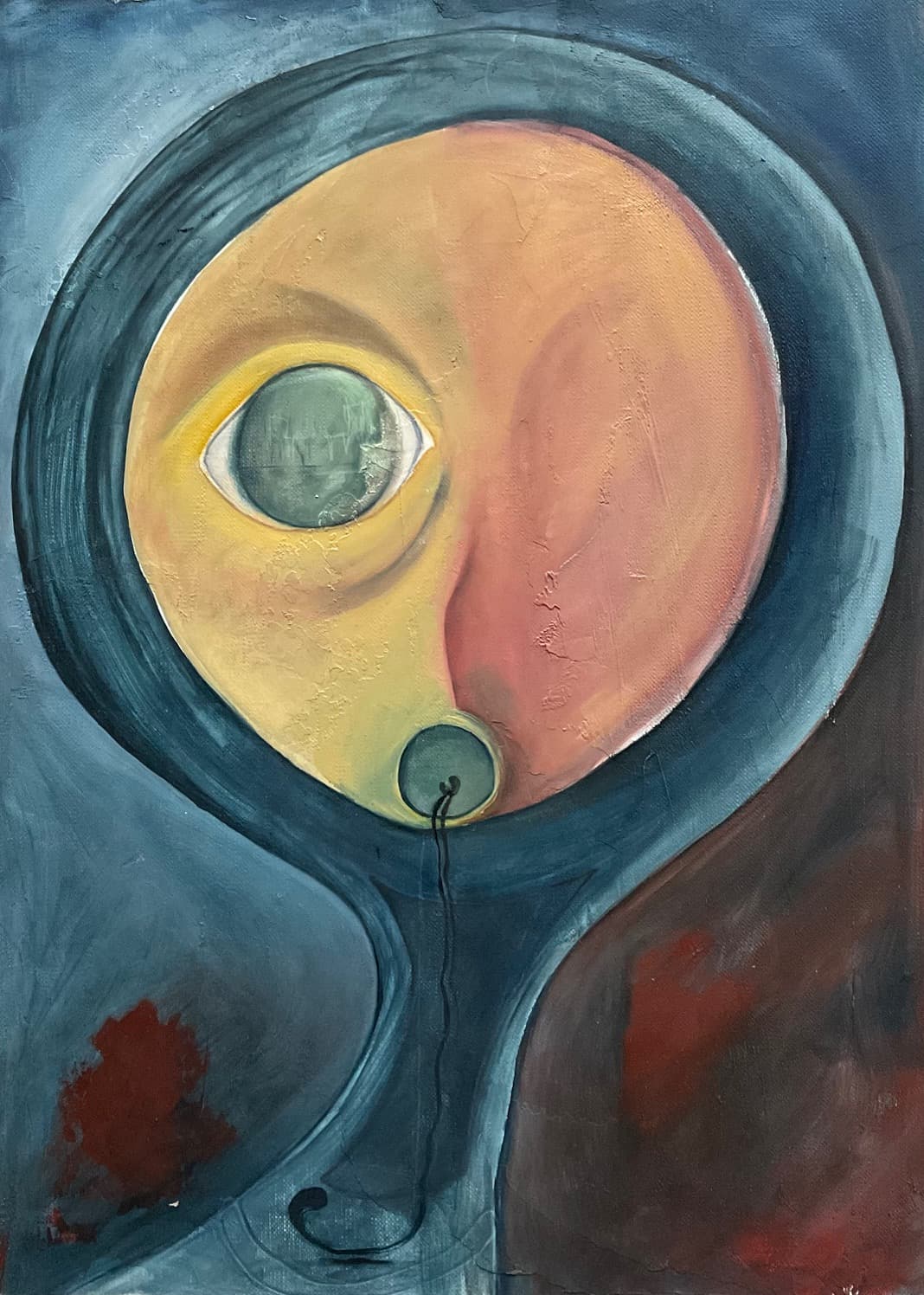 Surrealist oil painting of circular figure with large green eye on dark teal background with red accents, artwork 'The Watcher' by Thania Liz Rojo