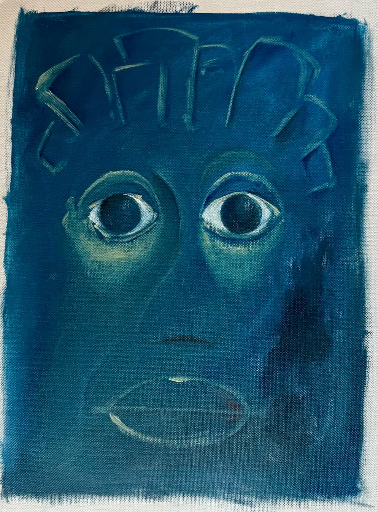 Archetypal mask portrait in deep teal blue tones with angular headdress and large eyes, oil on canvas, artwork 'Oracle' by Thania Liz Rojo