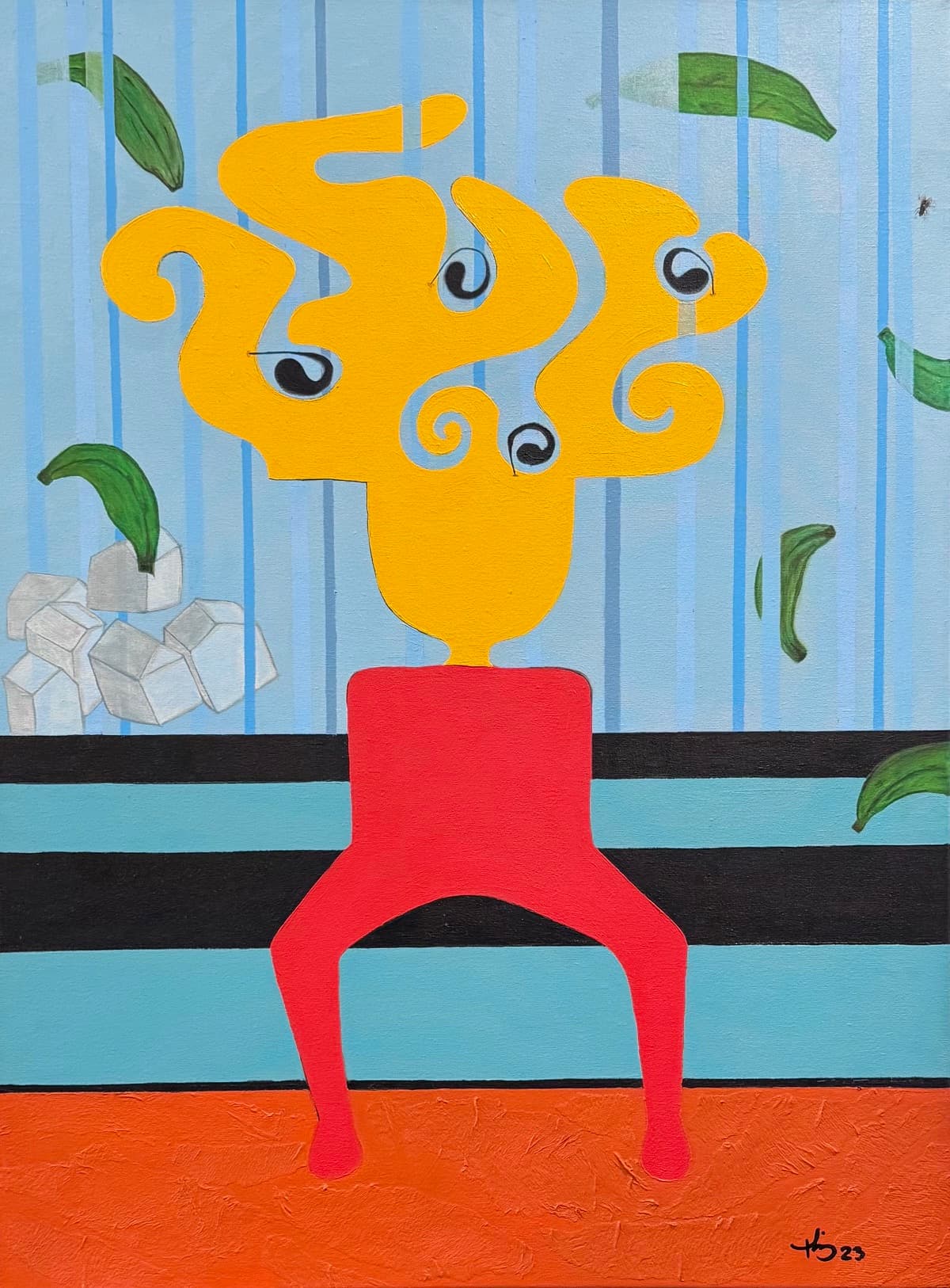Surrealist acrylic of seated figure on red chair with yellow head full of spiral eyes on blue striped background with green leaves, artwork 'The Thinker' by Thania Liz Rojo, 2023