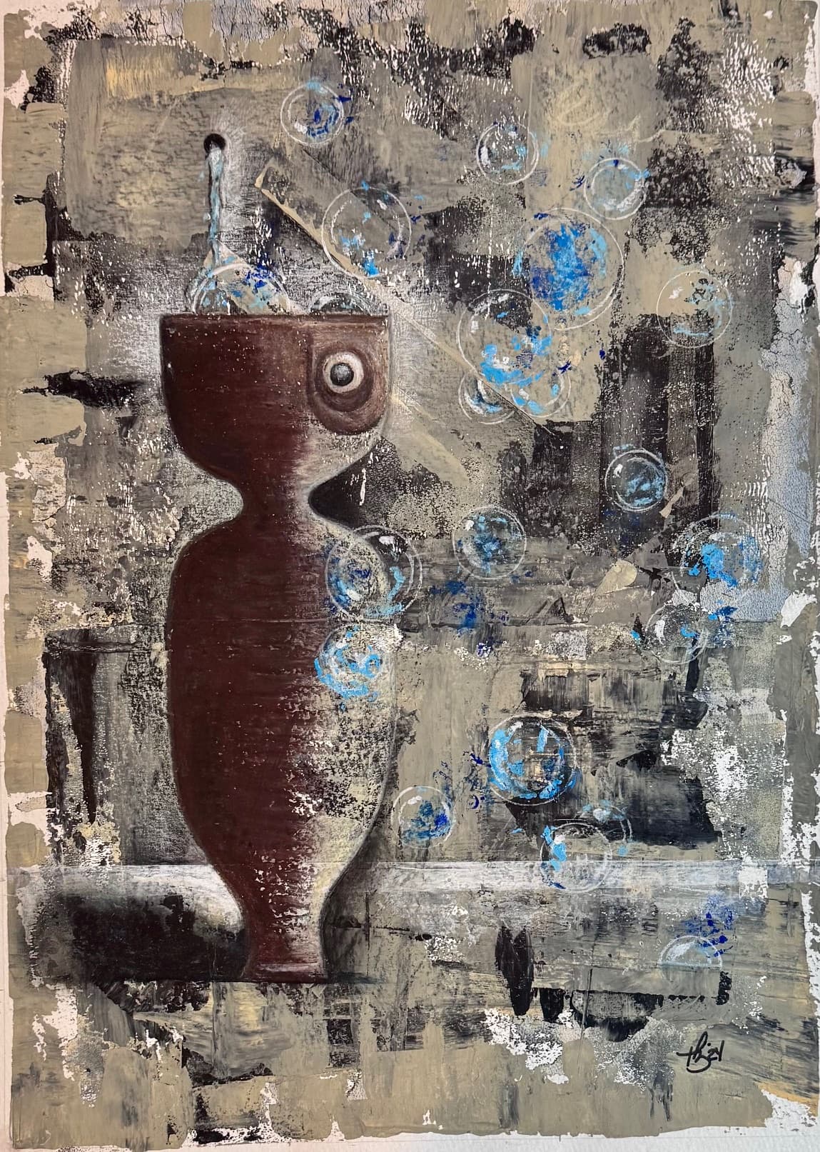 Mixed media with reddish-brown anthropomorphic vessel on textured gray and beige background with floating blue spheres, artwork 'Vessel' by Thania Liz Rojo