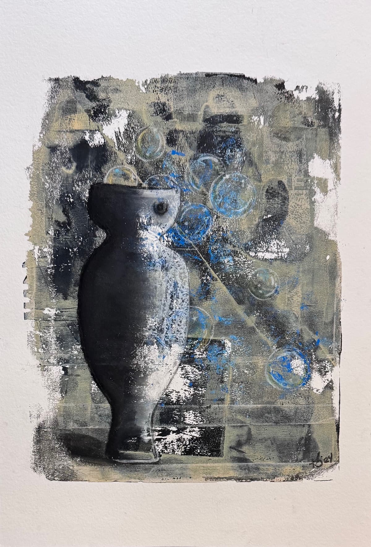 Mixed media of black anthropomorphic vessel on dark textured background with luminous blue spheres, artwork 'Guardian' by Thania Liz Rojo
