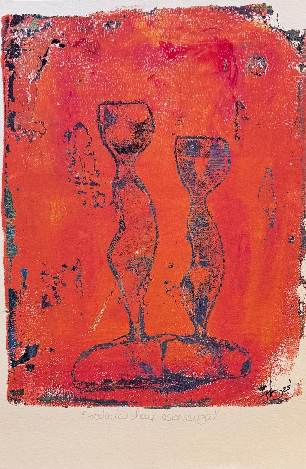 Monotype of two upright cup-like anthropomorphic figures on intense red-orange background, titled 'There Is Still Hope' by Thania Liz Rojo, 2025