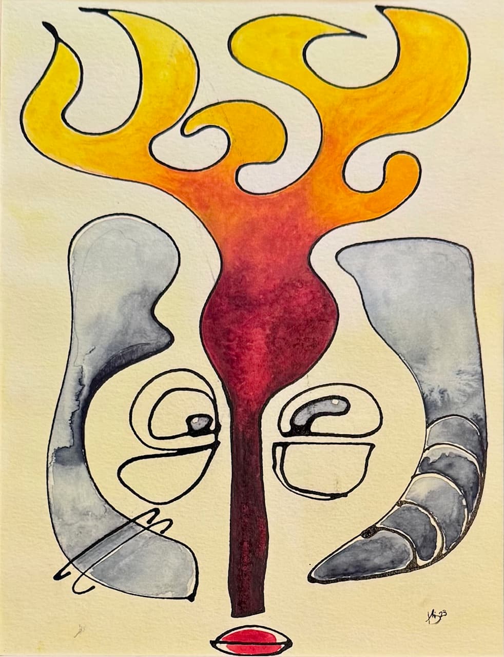 Watercolor and ink of surrealist face with yellow-orange flames crowning the head, spiral eyes with gray washes and red mouth on white background, artwork 'Blaze' by Thania Liz Rojo, 2023
