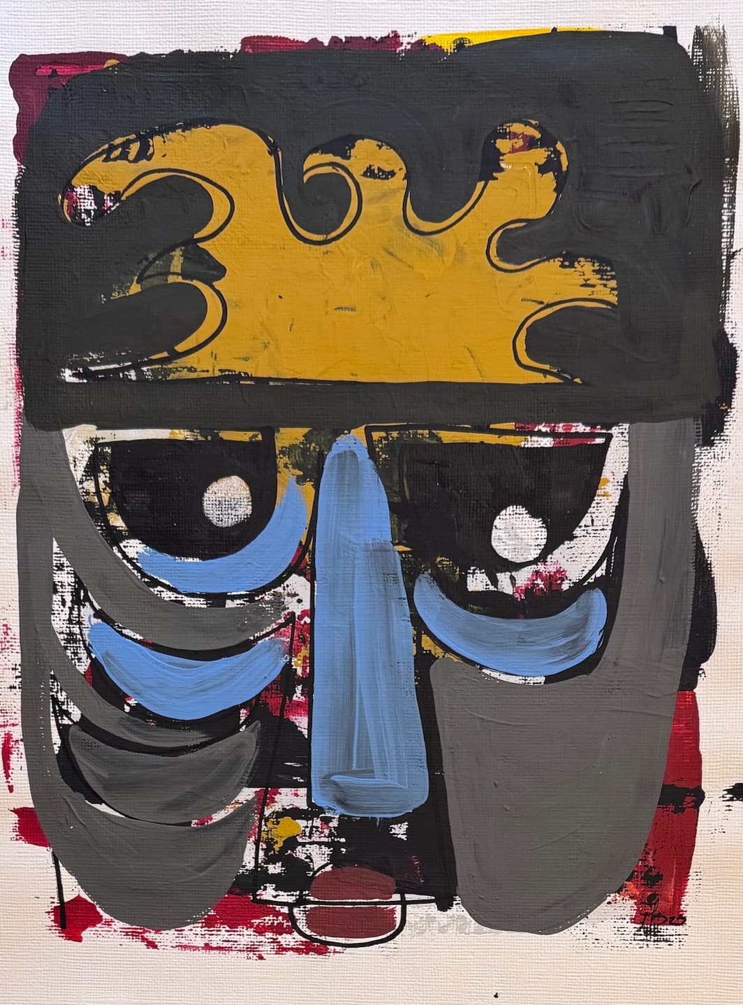 Expressionist acrylic of frontal mask with golden crown over black forehead, blue eyes and gray nose in gestural style, artwork 'The Monarch' by Thania Liz Rojo