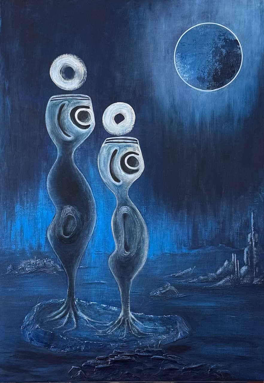 Oil painting of two silver anthropomorphic figures with circular heads in deep blue nocturnal landscape under full moon, artwork 'Lunar Vigil' by Thania Liz Rojo