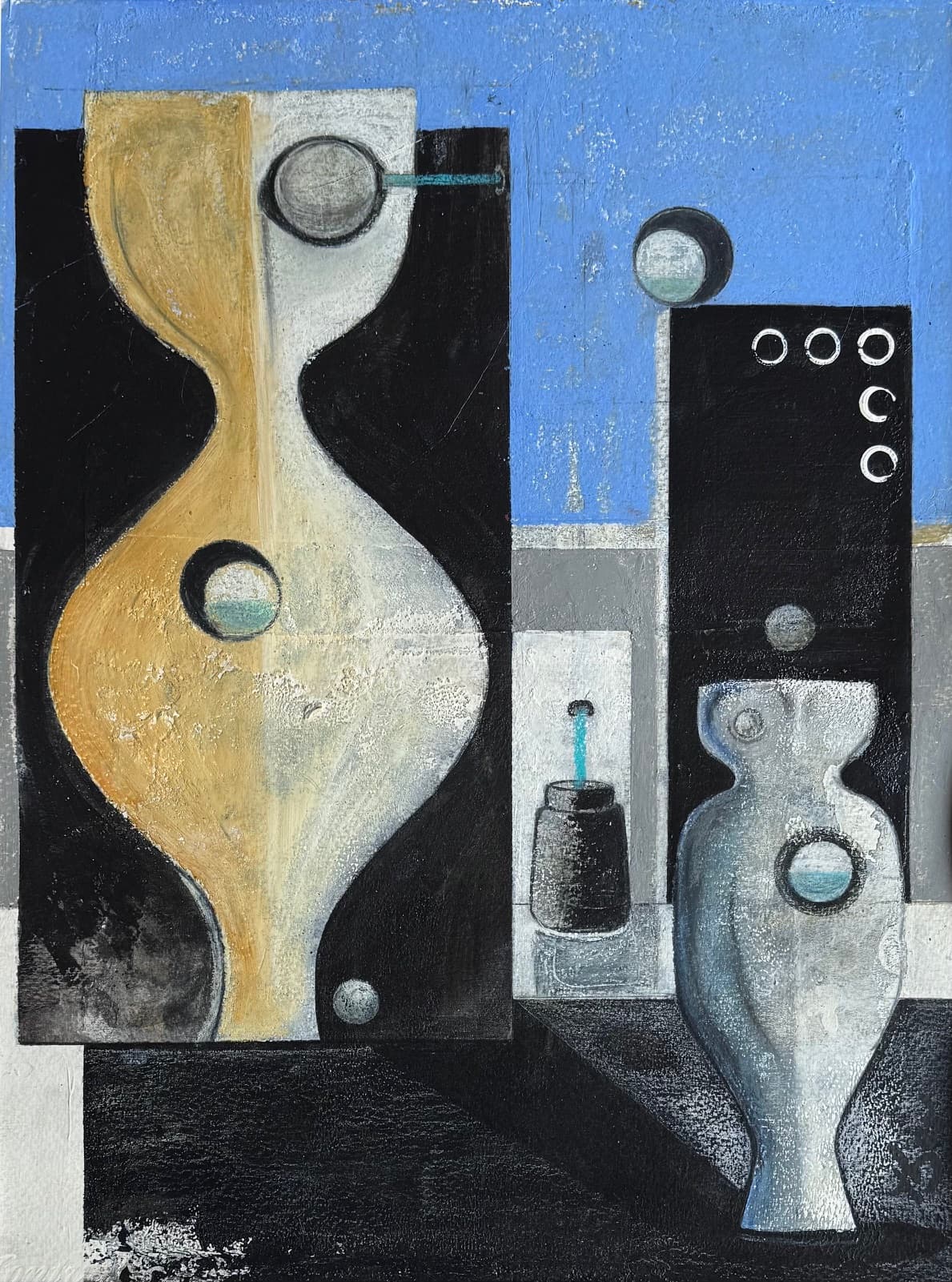 Mixed media of two archetypal vessels, golden and silver, with spherical orbs on black and sky-blue background, artwork 'The Guardians' by Thania Liz Rojo
