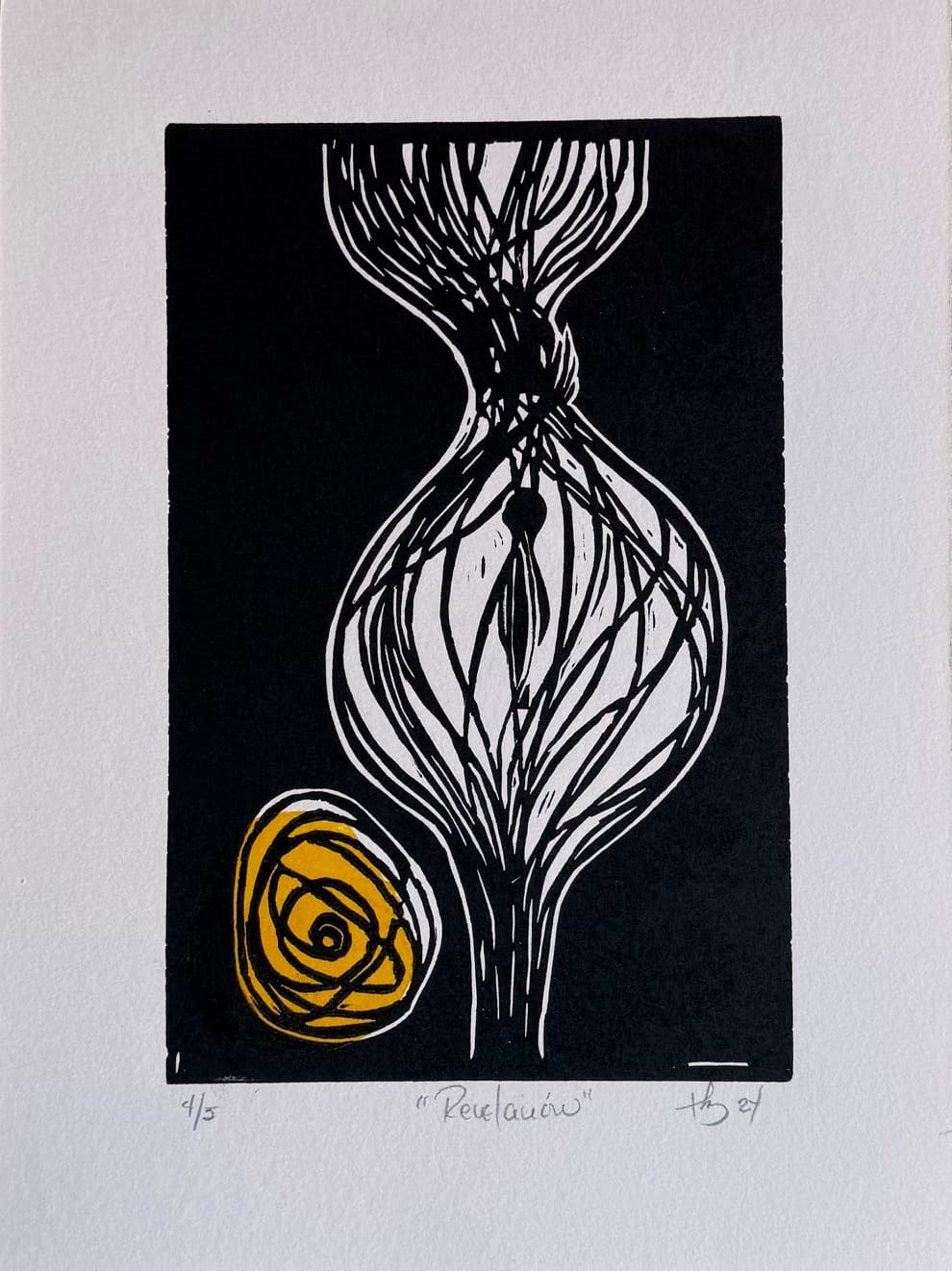 Black and white linocut of organic latticed form resembling vessel or chrysalis with golden spiral in lower left corner, edition 4/5, artwork 'Revelation' by Thania Liz Rojo, 2024